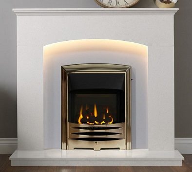 Cartmel 48" Arctic White Micromarble Mantel featuring integrated lighting, designed to enhance any living space.