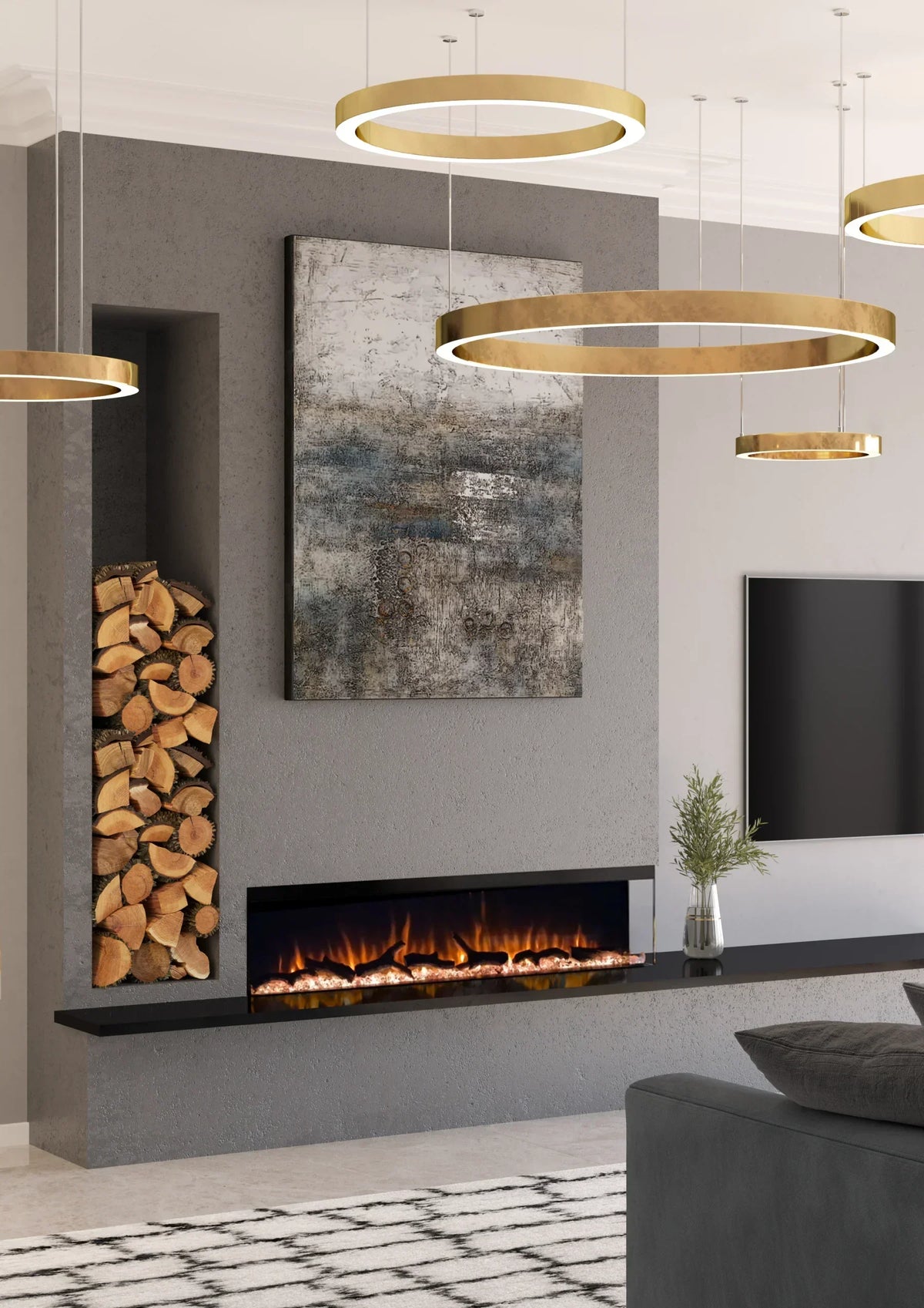 Modern living room with gold LED ring ceiling lights, grey wall, log storage, and electric fireplace