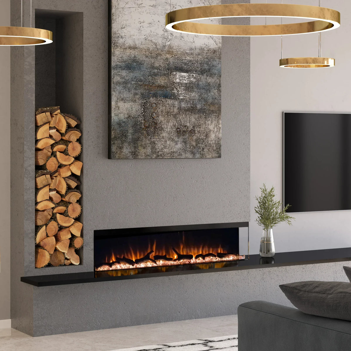 Modern living room with electric fireplace, stacked firewood, abstract wall art, and gold lights