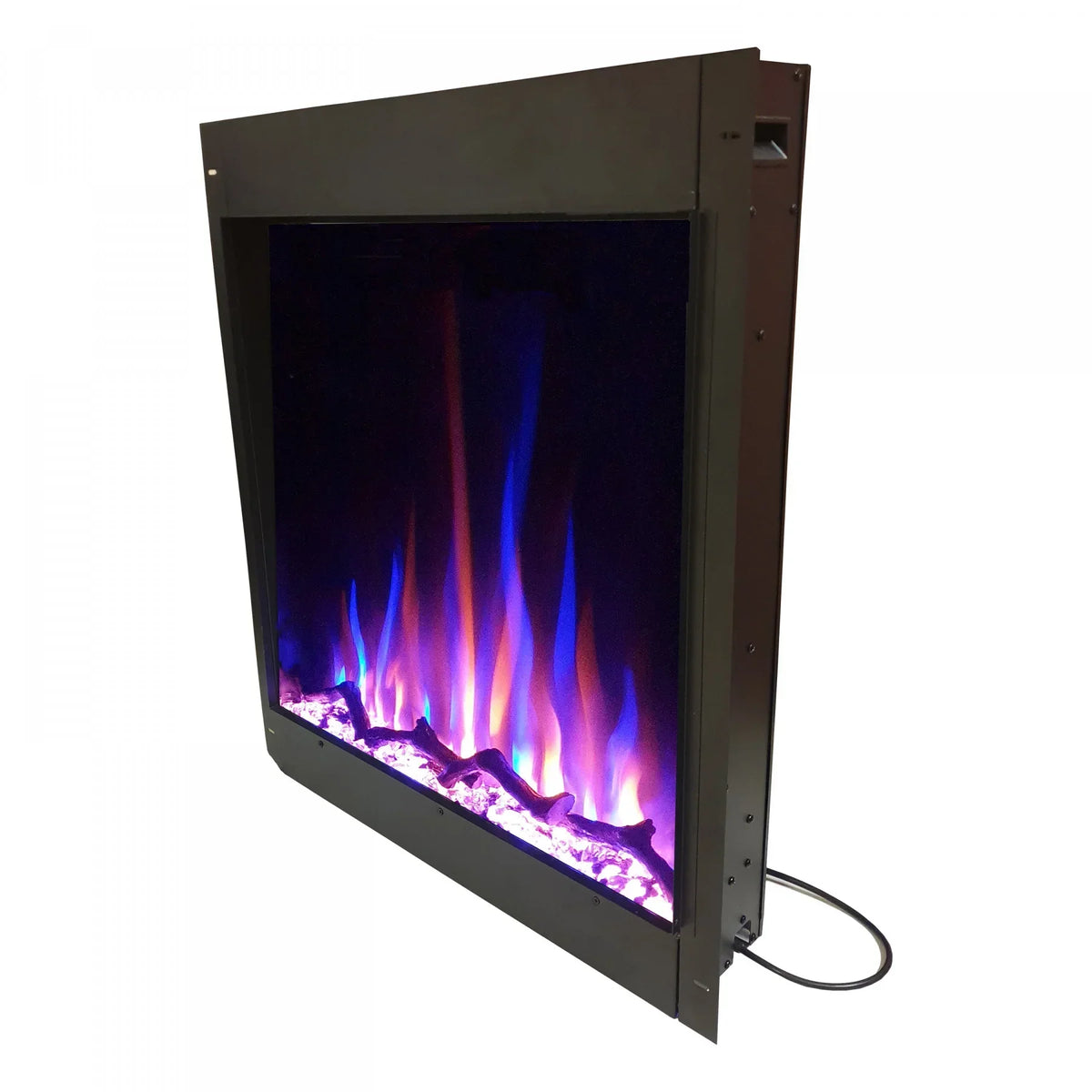 Electric fire with multicolour LED flame display and black frame, angled side view