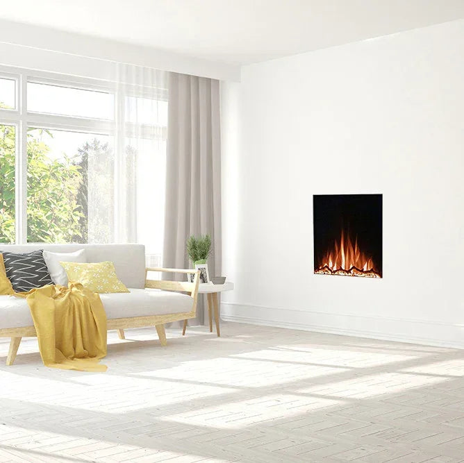 Modern wall-mounted electric fire in bright living room with white sofa and yellow throw