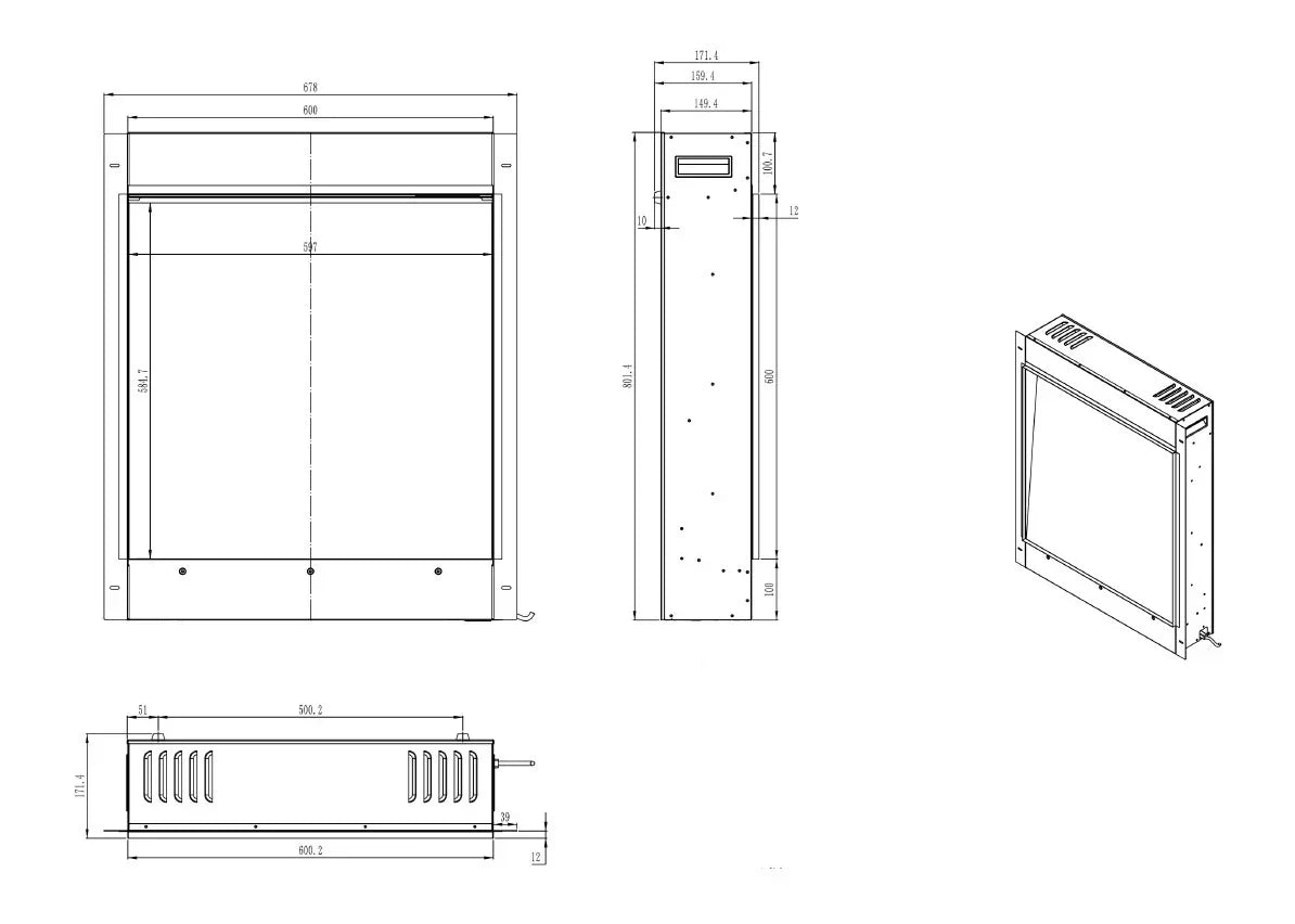 600mm electric fireplace technical line drawing with dimensions and ventilation details visible