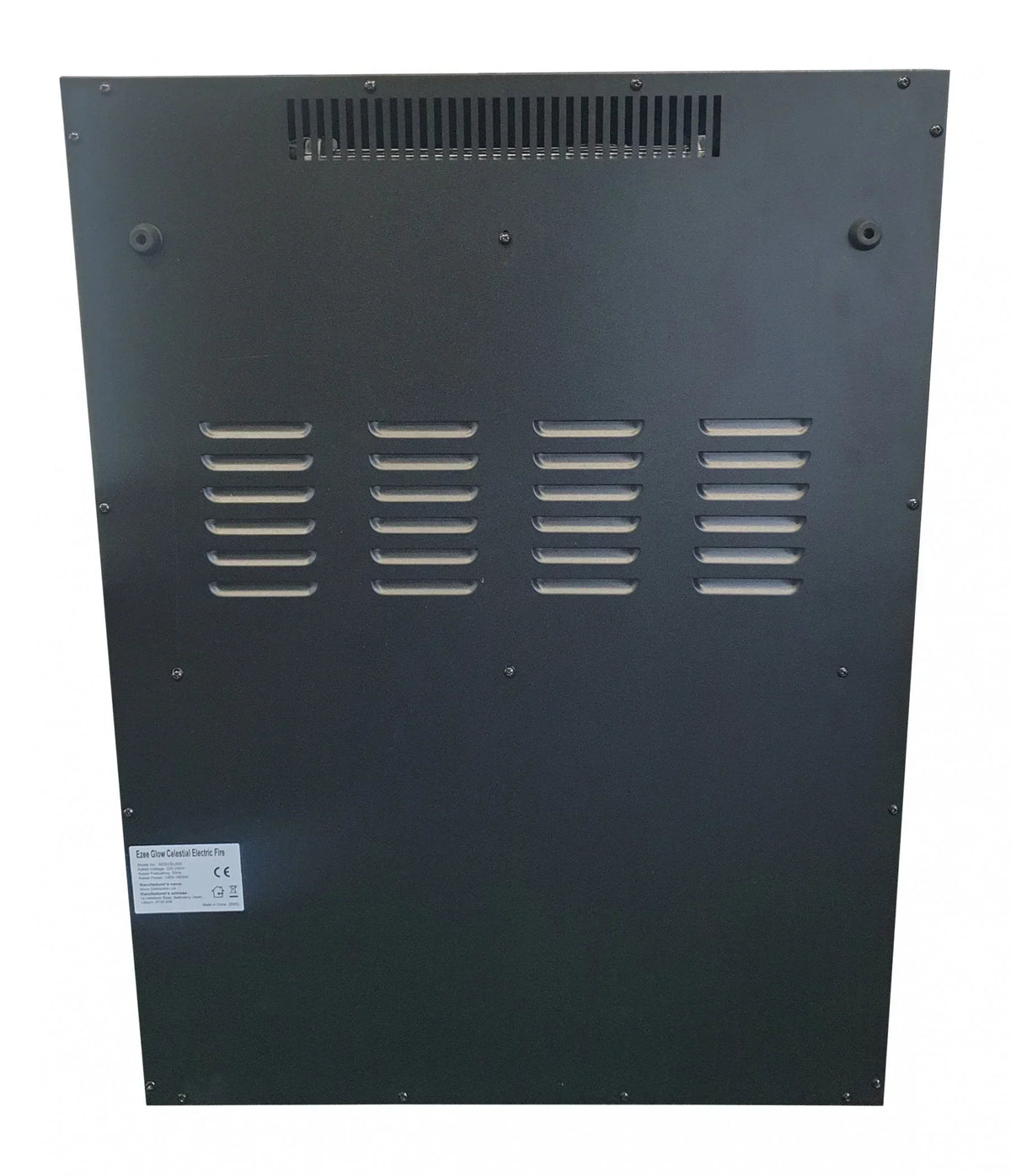 Black metal rear panel of electric fire with ventilation slots and screws