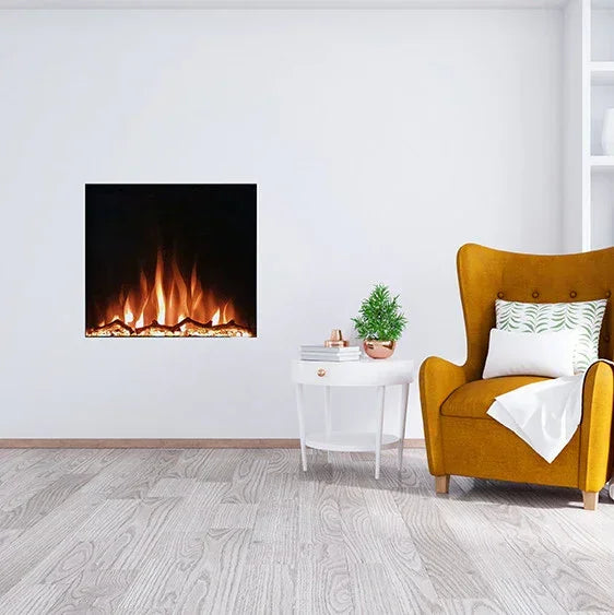 Wall mounted electric fire beside mustard armchair with side table in modern living room