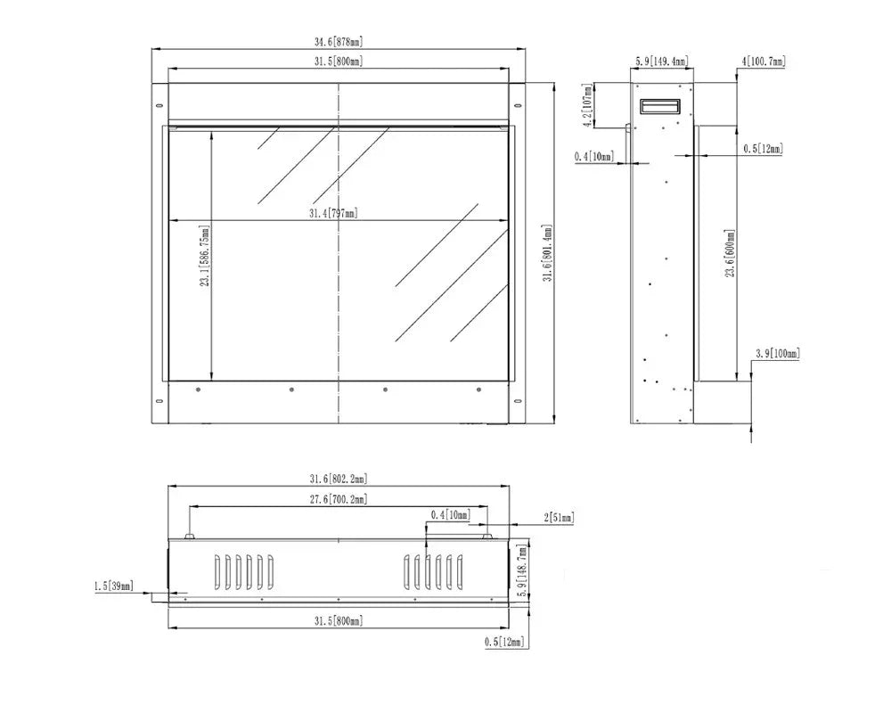 Celestial 800 electric fire line drawing showing dimensions and front, side, and top views