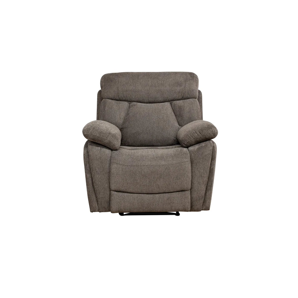 A gray upholstered recliner chair with padded armrests and a high back, shown from the front on a plain white background.