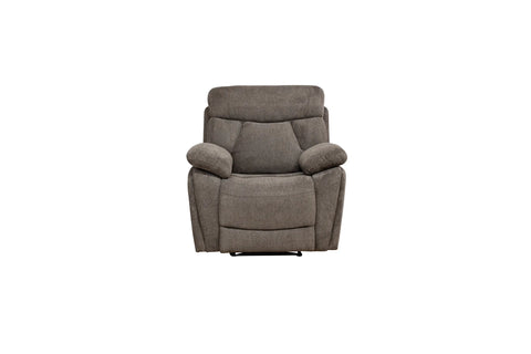 A gray upholstered recliner chair with padded armrests and a high back, shown from the front on a plain white background.