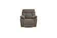 A gray upholstered recliner chair with padded armrests and a high back, shown from the front on a plain white background.