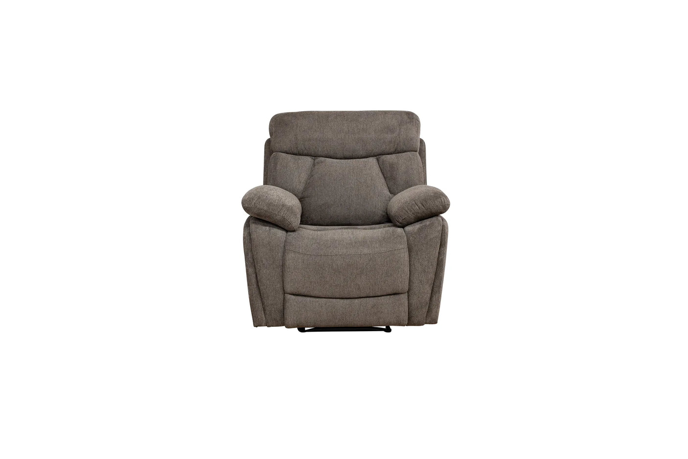 A gray upholstered recliner chair with padded armrests and a high back, shown from the front on a plain white background.