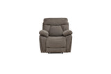 A gray upholstered recliner chair with padded armrests and a high back, shown from the front on a plain white background.