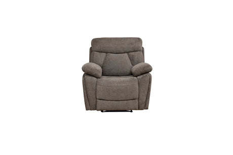 A gray upholstered recliner chair with padded armrests and a high back, shown from the front on a plain white background.
