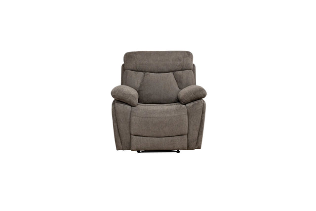 A gray upholstered recliner chair with padded armrests and a high back, shown from the front on a plain white background.