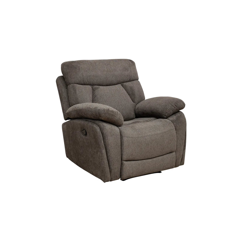 A gray upholstered recliner chair shown from a three-quarter angle against a plain white background.