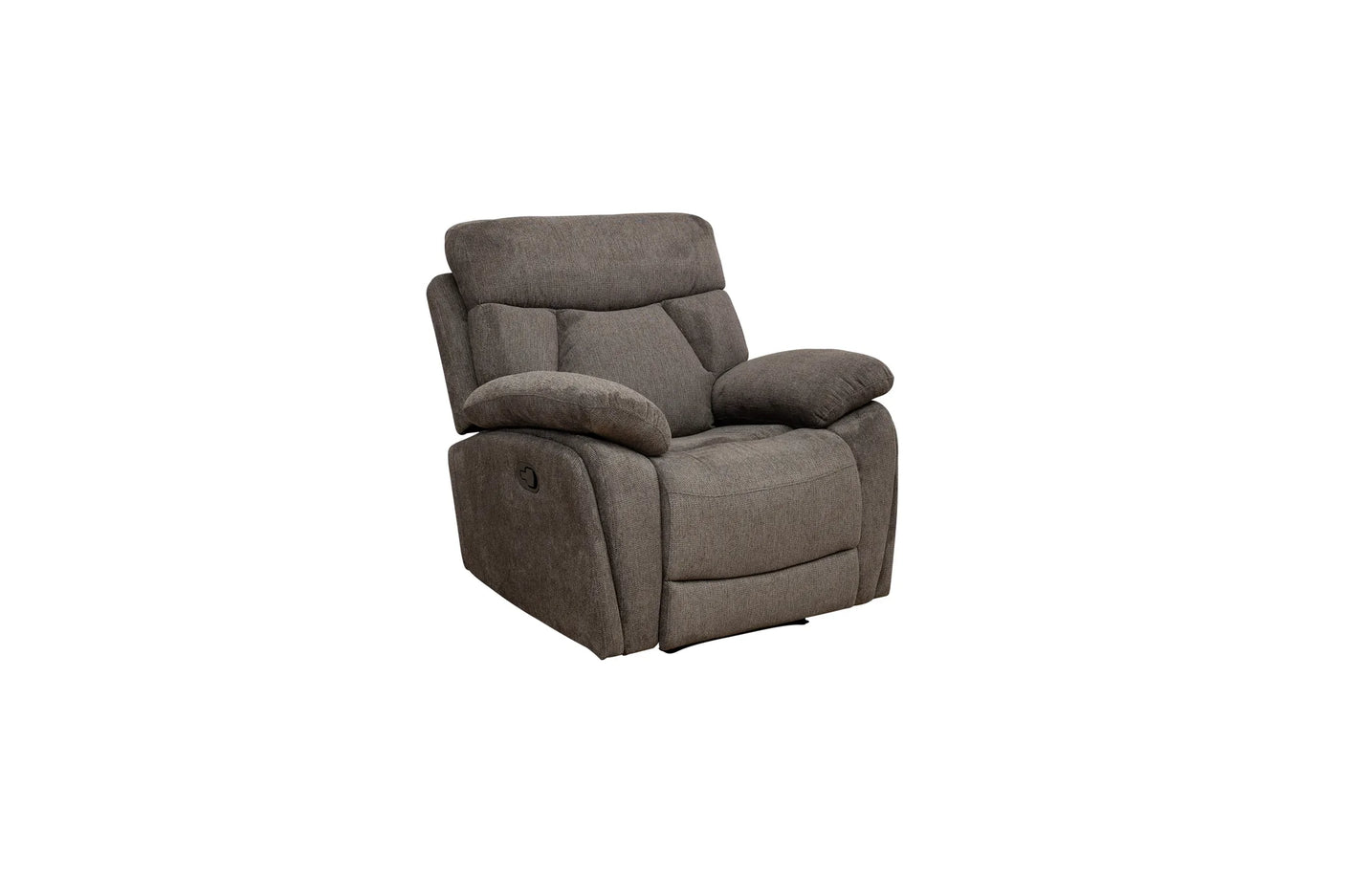A gray upholstered recliner chair shown from a three-quarter angle against a plain white background.