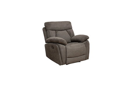 A gray upholstered recliner chair shown from a three-quarter angle against a plain white background.