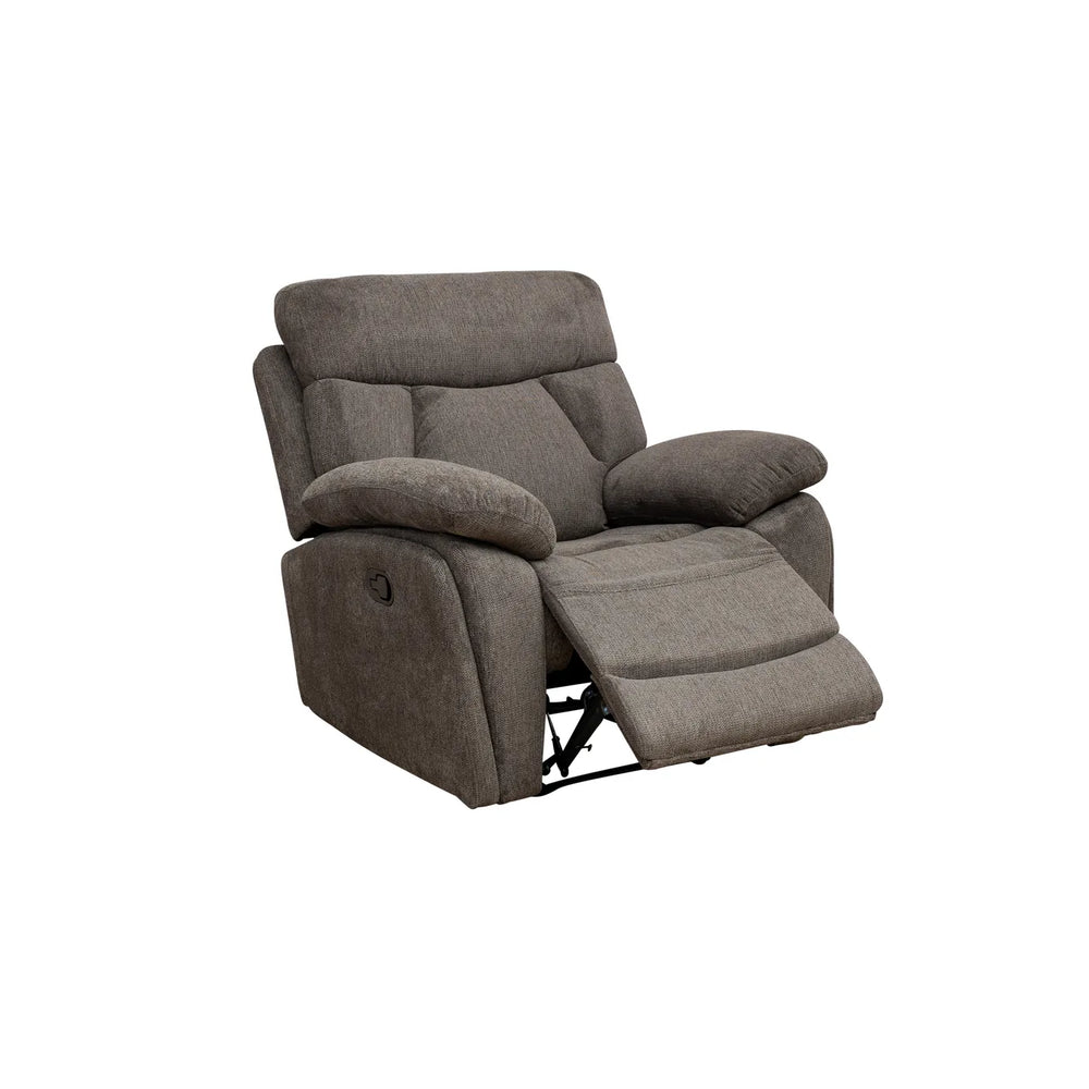 A gray upholstered recliner chair shown in a reclined position with the footrest extended, isolated on a white background.
