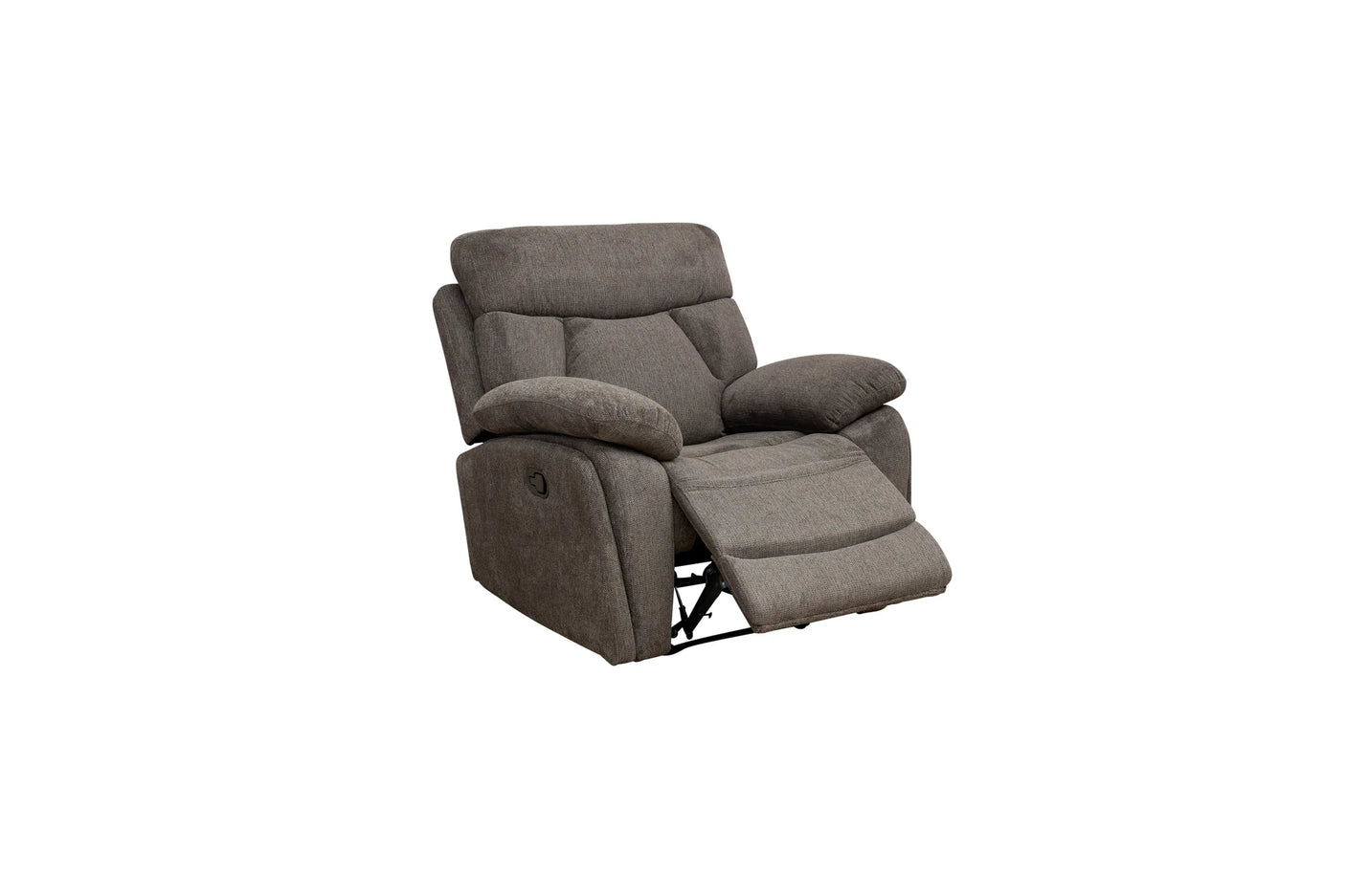 A gray upholstered recliner chair shown in a reclined position with the footrest extended, isolated on a white background.
