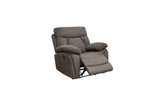 A gray upholstered recliner chair shown in a reclined position with the footrest extended, isolated on a white background.