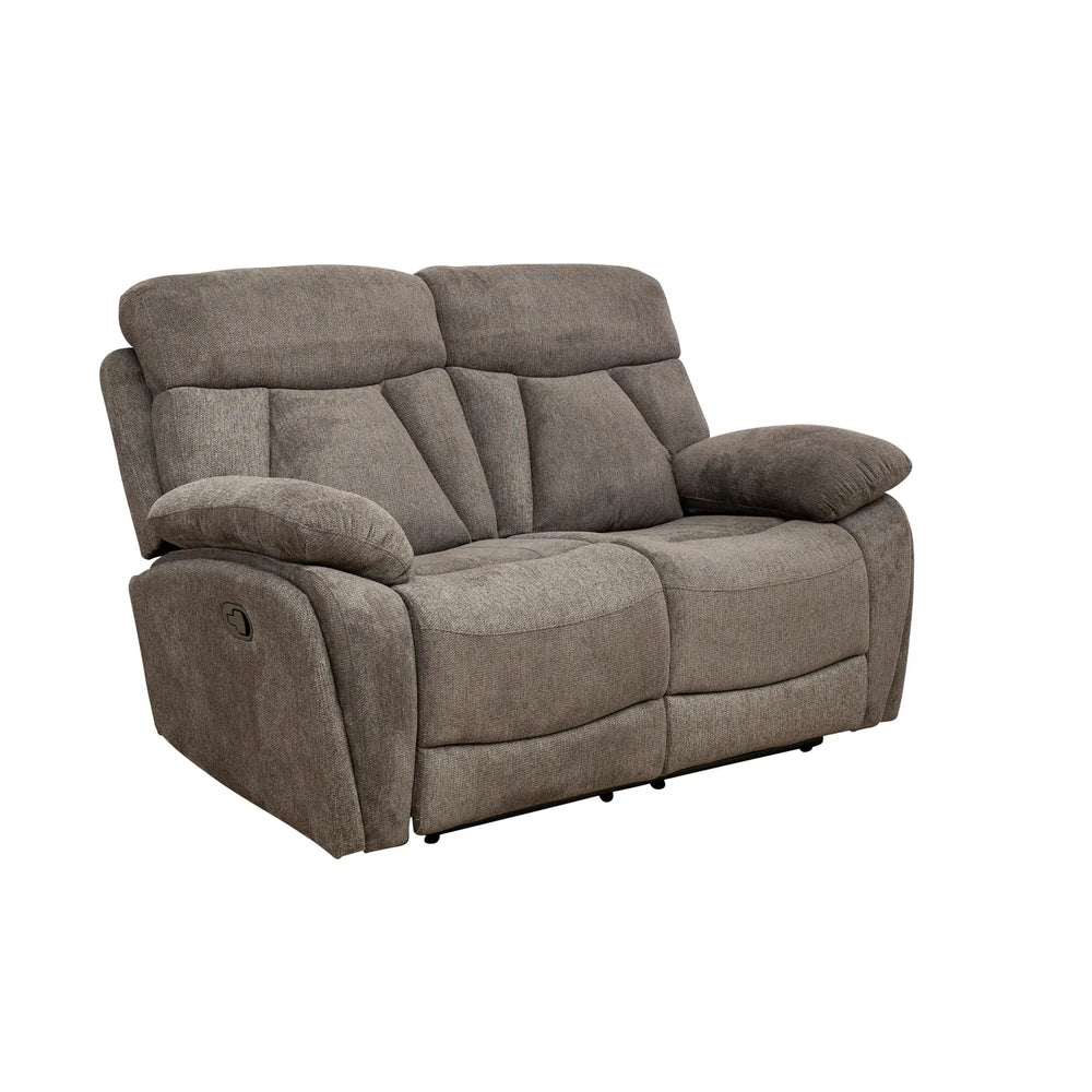 A two-seater power reclining loveseat in a textured taupe gray fabric, shown from a three-quarter angle on a plain white background.