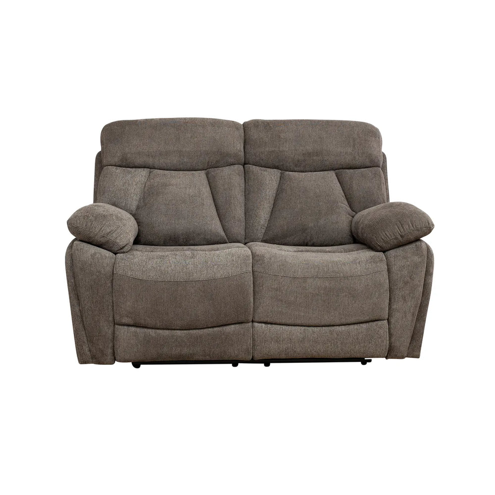 A two-seater power reclining loveseat in a textured taupe gray fabric, shown from the front against a plain white background.
