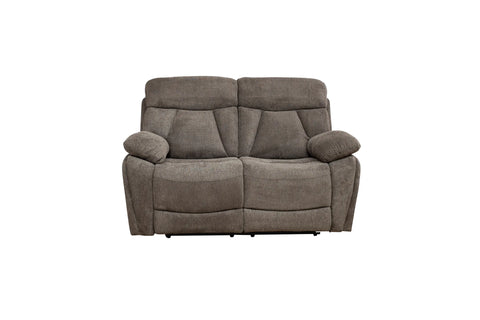 A two-seater power reclining loveseat in a textured taupe gray fabric, shown from the front against a plain white background.