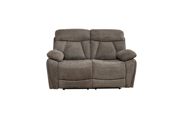 A two-seater power reclining loveseat in a textured taupe gray fabric, shown from the front against a plain white background.