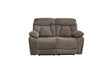 A two-seater power reclining loveseat in a textured taupe gray fabric, shown from the front against a plain white background.