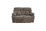 A two-seater power reclining loveseat in a textured taupe gray fabric, shown from the front against a plain white background.