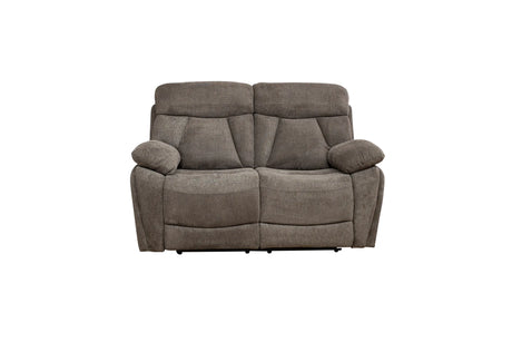 A two-seater power reclining loveseat in a textured taupe gray fabric, shown from the front against a plain white background.