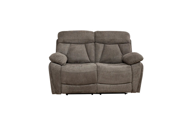 A two-seater power reclining loveseat in a textured taupe gray fabric, shown from the front against a plain white background.