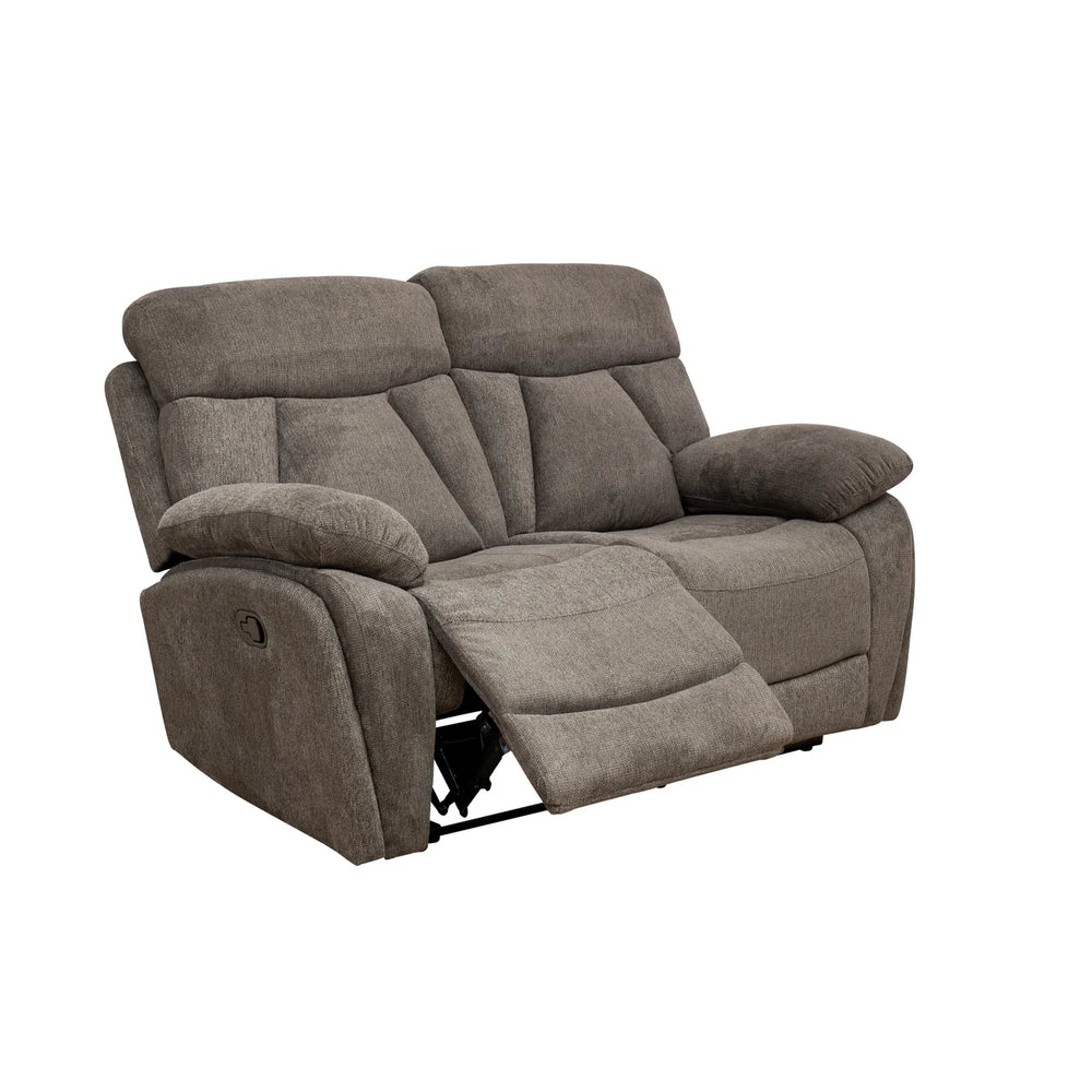 A two-seater reclining loveseat in a textured taupe-brown fabric, shown with the center seat reclined, isolated on a white background.
