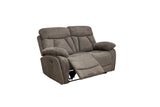 A two-seater reclining loveseat in a textured taupe-brown fabric, shown with the center seat reclined, isolated on a white background.