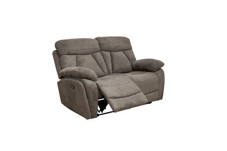 A two-seater reclining loveseat in a textured taupe-brown fabric, shown with the center seat reclined, isolated on a white background.