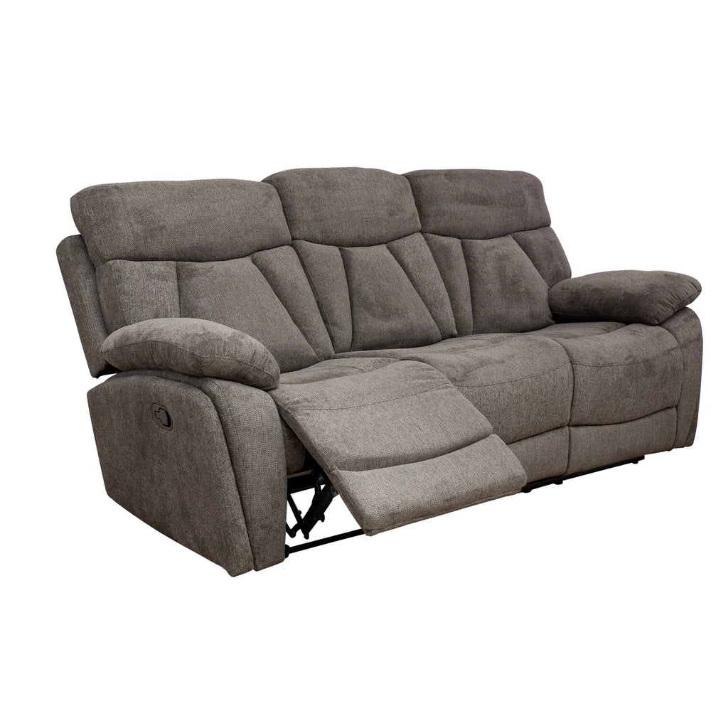 A three-seat power reclining loveseat sofa upholstered in textured gray fabric, with the front seat reclined, shown against a plain white background.