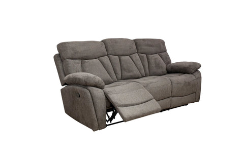 A three-seat power reclining loveseat sofa upholstered in textured gray fabric, with the front seat reclined, shown against a plain white background.