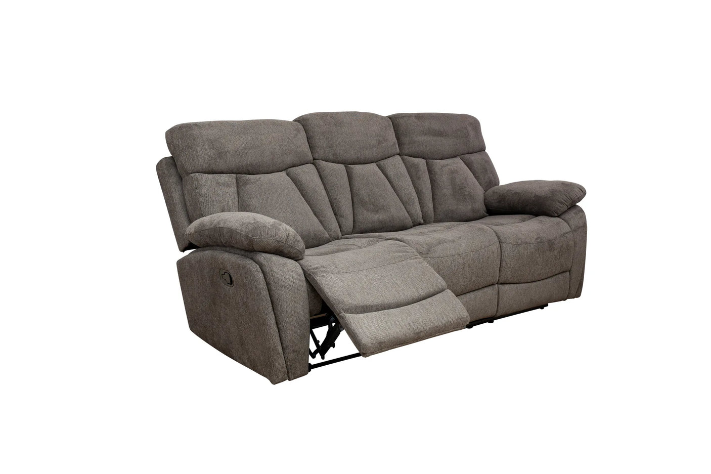 A three-seat power reclining loveseat sofa upholstered in textured gray fabric, with the front seat reclined, shown against a plain white background.