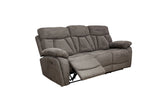 A three-seat power reclining loveseat sofa upholstered in textured gray fabric, with the front seat reclined, shown against a plain white background.