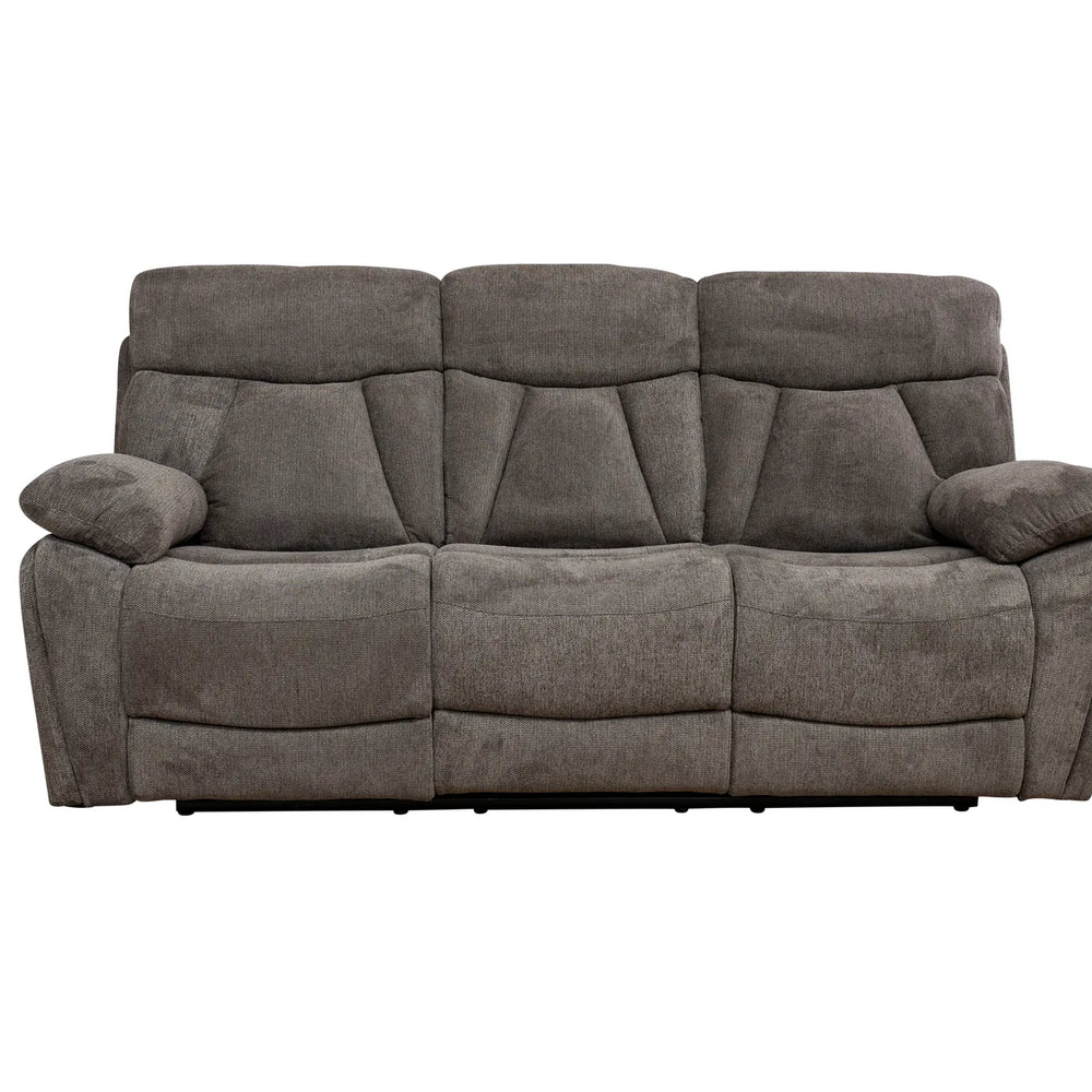 A three-seat reclining sofa in a textured gray fabric, shown from a front-facing perspective against a plain white background.