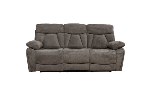 A three-seat reclining sofa in a textured gray fabric, shown from a front-facing perspective against a plain white background.
