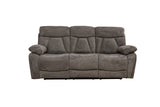 A three-seat reclining sofa in a textured gray fabric, shown from a front-facing perspective against a plain white background.
