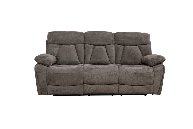 A three-seat reclining sofa in a textured gray fabric, shown from a front-facing perspective against a plain white background.