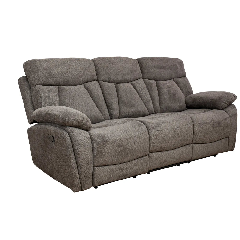 A three-seat reclining loveseat sofa upholstered in textured gray fabric, shown from a three-quarter angle against a plain white background.