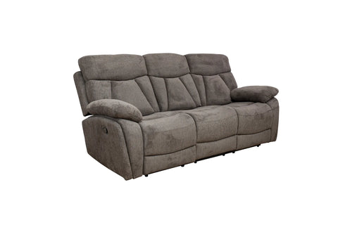 A three-seat reclining loveseat sofa upholstered in textured gray fabric, shown from a three-quarter angle against a plain white background.