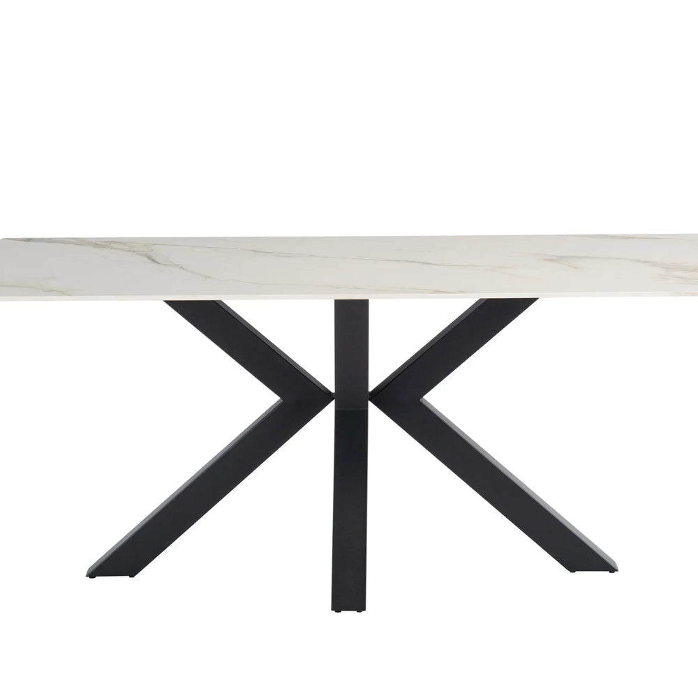 Rectangular marble dining table with black metal cross legs