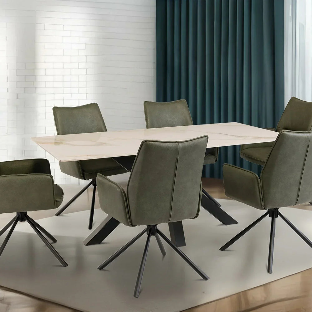 Granada chair set with olive green upholstery around a marble top dining table