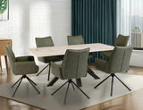 Granada chair set with olive green upholstery around a marble top dining table
