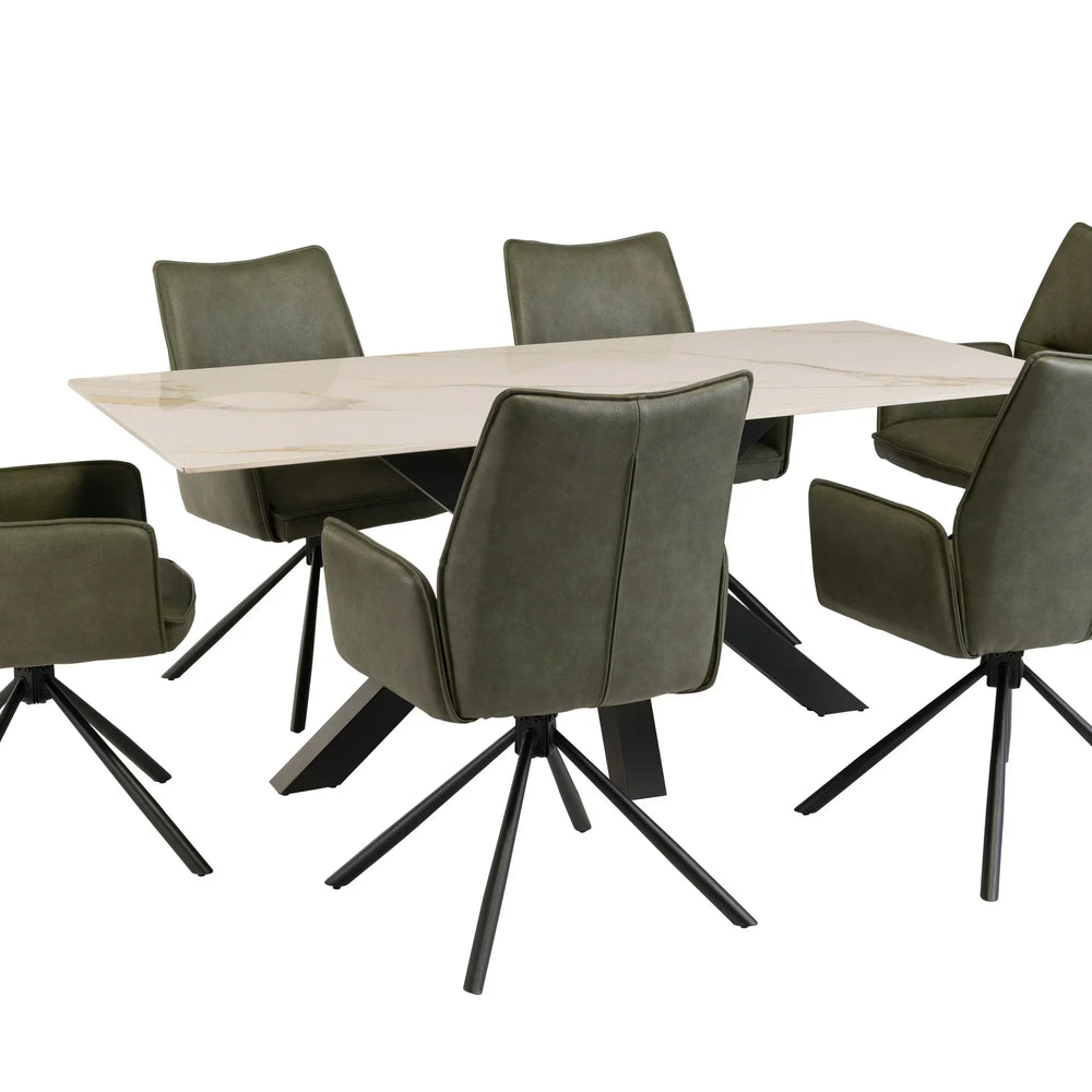 Green swivel dining chairs with armrests and marble effect rectangular dining table set