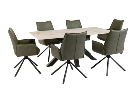 Green swivel dining chairs with armrests and marble effect rectangular dining table set