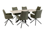 Green swivel dining chairs with armrests and marble effect rectangular dining table set