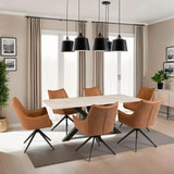 Tan faux leather dining chairs with black legs around rectangular dining table in modern room